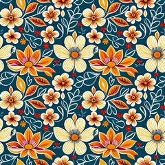 A pattern of yellow and orange flowers on a blue background.