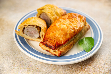 Meat pie quiche French snack fresh delicious gourmet food background on the table rustic food top view copy space