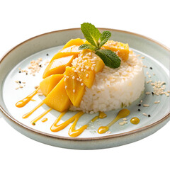 Sweet Mango Sticky Rice Dish Plate food isolated on white background