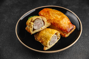 Meat pie quiche French snack fresh delicious gourmet food background on the table rustic food top view copy space