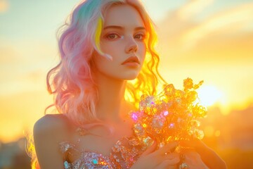 A young woman with pastel pink hair holds a bouquet of flowers, bathed in the warm glow of a sunset.