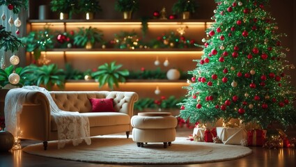 Fototapeta premium Modern Christmas living room interior in an apartment. Large decorated tree, couch, plaid, present boxes, soft carpet, light garlands.