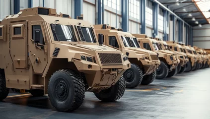Fototapete Fahrzeug Military vehicles lined up in a hangar.  Rows of beige armored vehicles, likely for tactical use, are parked in a large warehouse.  Modern design features prominent  © ayn