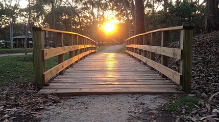Fototapeta premium Sunset Serenity: A Wooden Bridge Beckons at Golden Hour