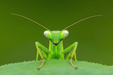 Bright green praying mantis with curious gaze, minimal background, macro detail of folded limbs and leaf texture

