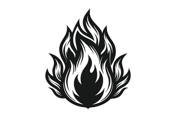 Decorative Fire Flames Symbol, Black and White Tattoo Style Design Isolated on White