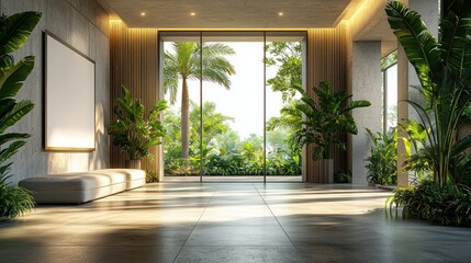 Modern tropical interior design.  Spacious, bright, and serene living area with large windows showcasing lush greenery outdoors. A neutral color palette creates a tranquil atmosphere