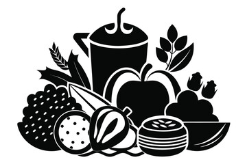 Silhouette of Fruit, Leaves, and Seeds Black and White Simple Fresh Arrangement
