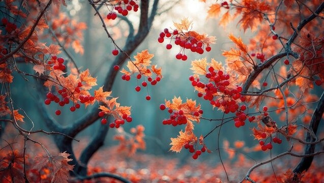 Moody autumn dry tree leaves with red wild berries against a blurred backdrop. Natural and organic backdrop. Season. Fall theme. Copy space.