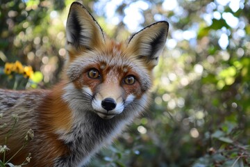 Fototapeta premium Red fox in autumn forest surrounded by foliage and wildflowers in natural habitat, Portrait of a Red fox in the forest during the autumn