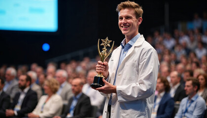 Young researcher receiving scientific achievement award on stage at recognition ceremony