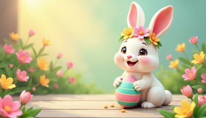 Fototapeta premium Easter Bunny Holding Egg Featuring Playful Character Design And Whimsical Details For Festive Branding And Seasonal Storytelling, AI Generated