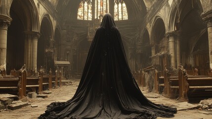 Mysterious hooded figure standing in ruined church interior