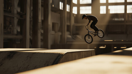 BMX rider performing tricks in an abandoned industrial warehouse