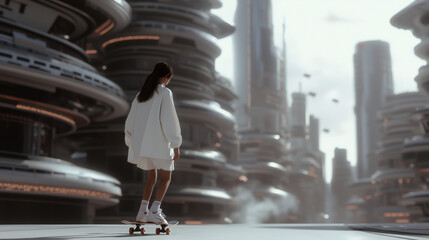 Young woman skateboarding in a futuristic urban environment