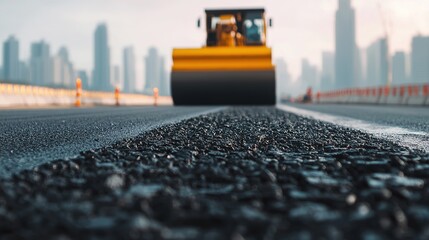 Urban construction machinery in action close-up of asphalt roadwork and infrastructure development