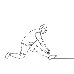 Fototapeta premium Elderly man stretching legs in a line drawing on a white background 