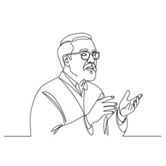 Senior speaking at workshop, sharing ideas with passion, line drawing  