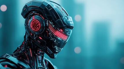 Futuristic cybernetic robot urban landscape digital art neon environment close-up view advanced technology concept