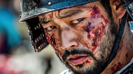 Closeup portrait of a wounded warrior in battle armor