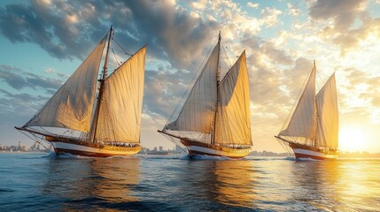 Fototapeta premium Majestic Sailboats at Sunset: A Golden Hour Regatta