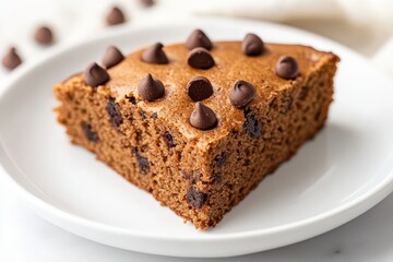 A delicious slice of chocolate chip cake served on a white plate, with chocolate chips on top, in a cozy kitchen setting