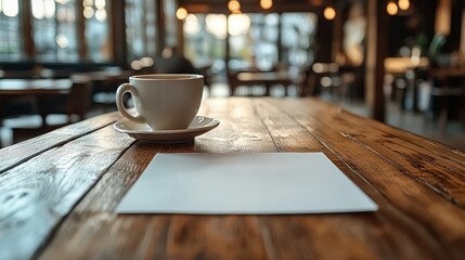Aromatic Coffee Break in Cozy Cafe: Wooden Table, Blank Paper, and a Warm Mug