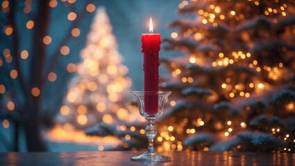 Long red candle placed in a glass candlestick set against the backdrop of a tree's lights. A celebration with candlelight in a romantic ambiance. Bokeh effect in the background.
