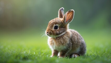 Fototapeta premium Lovely furry baby rabbit relaxing on green grass with a natural backdrop. Playful infant mammal on a fresh meadow. Concept of newborn animals.