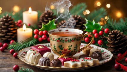 Merry Christmas - Tasty tea along with truffles and wrapped chocolate delights arranged on a plate adorned with berries, surrounded by candlelit stars, pine cones, and ferns.