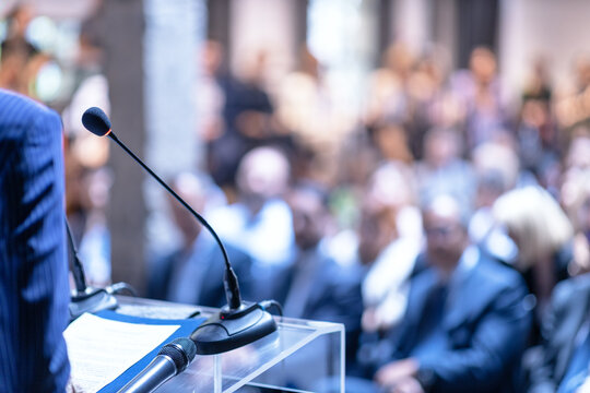 Business conference, corporate presentation, workshop, coaching training, news conference, company meeting, public or political event. Public speaking concept.