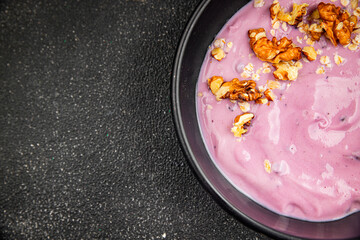 Yogurt berry healthy breakfast fresh gourmet food background on the table rustic food top view copy space
