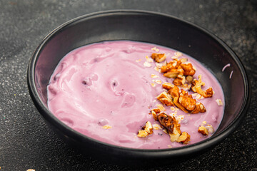 Yogurt berry healthy breakfast fresh gourmet food background on the table rustic food top view copy space
