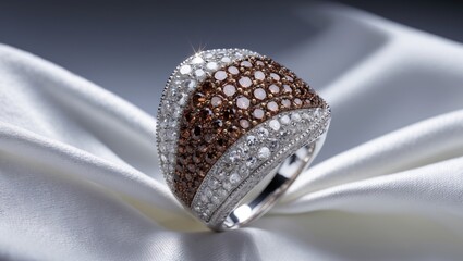 Luxurious white gold ring embellished with chocolate and white diamonds.