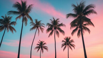 Copy space featuring the silhouette of a tropical palm tree against an abstract backdrop. Concept of summer vacation and nature travel adventure. Color style with a pastel tone filter effect.