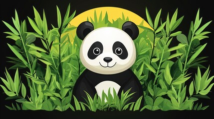 Naklejka premium Adorable Panda in Bamboo Forest Underneath a Golden Moon