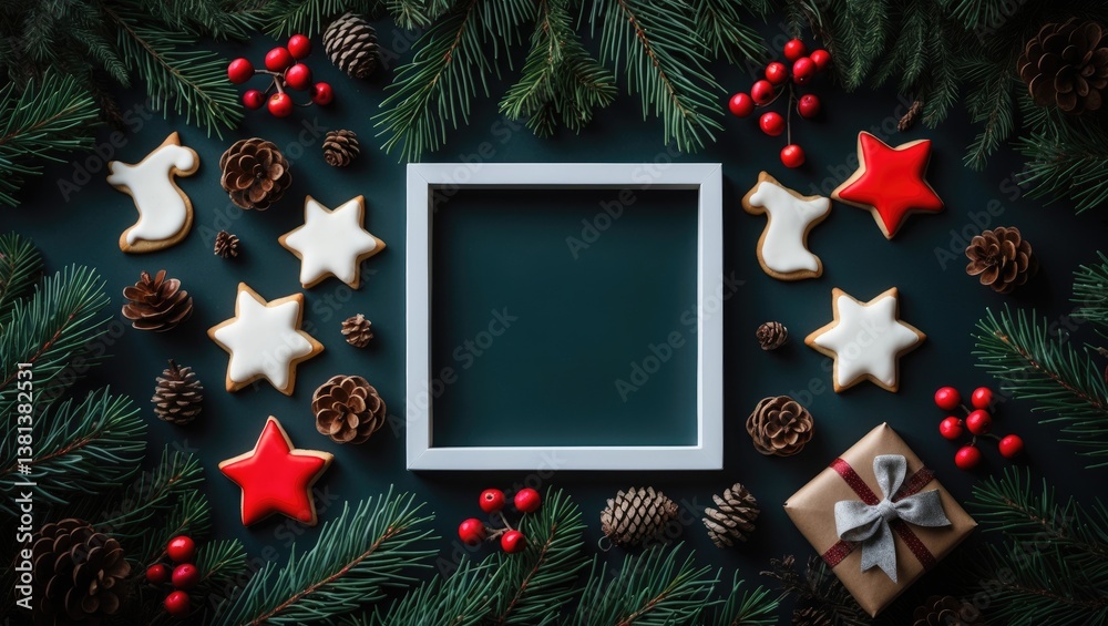 Aufkleber creative arrangement of tree branches and decorations providing space for text. top view. holiday th