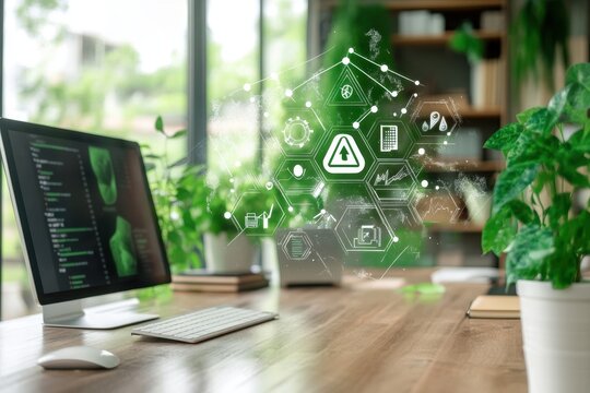 Ecology icons overlaying an empty office workspace featuring a computer and lush greenery, ecology icons over empty office with computer