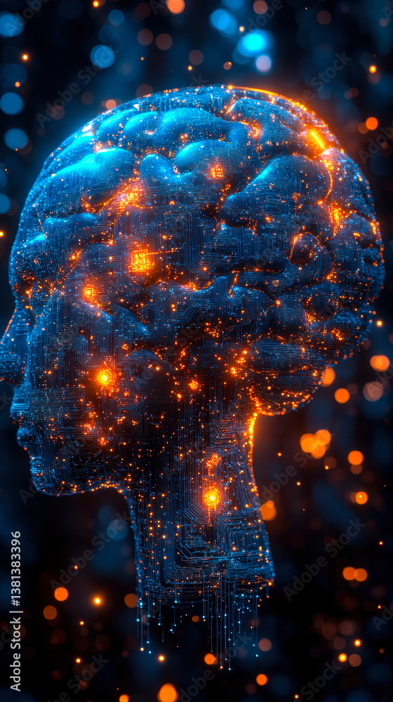 Poster digital brain with integrated circuitry symbolizing artificial intelligence and machine learning inn