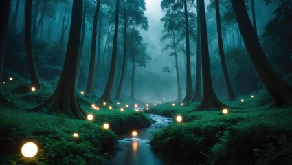 Magical lights gleaming in a nighttime forest.