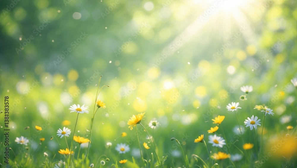 Aufkleber Daisy in a green sunny spring meadow. Blurred luminous background with light bokeh and shallow depth of field. Horizontal close-up providing space for text.