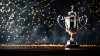 Low-light image of a trophy on a wooden table with a dark background featuring a glitter overlay.