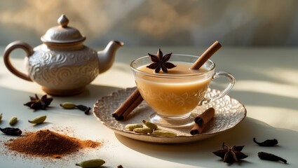 Fototapeta premium Masala tea served in a glass cup alongside a traditional teapot. A delicious beverage featuring spicy black tea with ingredients like cinnamon, ginger, nutmeg, cardamom, anise, honey, cloves, and m...