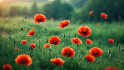 Fototapeta premium A vibrant field abundant with red poppies extends infinitely, their eye-catching petals swaying in the sunlight, forming a vivid, scenic display of natural beauty and tranquility.