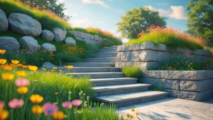 Fototapeta premium Luxury landscaping featuring a natural stone retaining wall and coping, with broad steps and a landing.