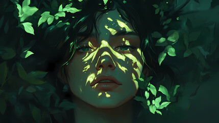 Dark green depths, shimmering light, wistful gaze , growth, light. Wistful Decay. Illustration