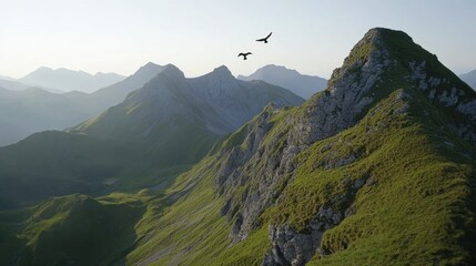 Mountain Peaks Soar with Birds at Sunrise