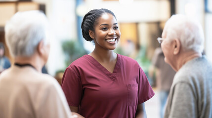Fachkräftemangel in der Pflege - Afrikanische Krankenschwester spricht mit Senioren im Altenheim