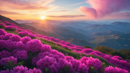 Stunning pink rhododendron flowers in the mountains, ridge between and, world travel