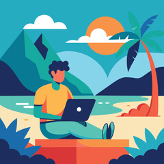 Fototapeta premium Digital Nomad Working by the Tropical Shore illustration